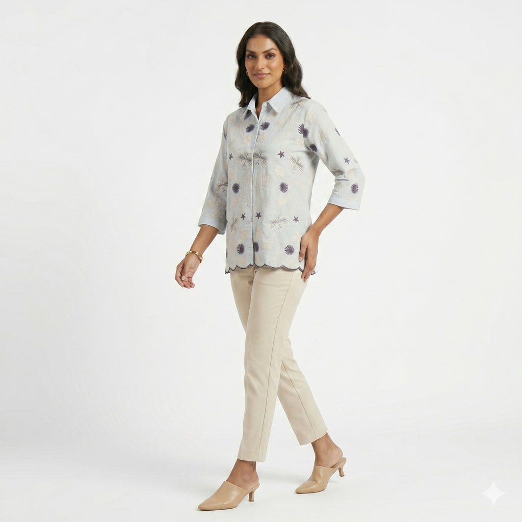 Sky Blossom Embroidered Cotton Shirt Top