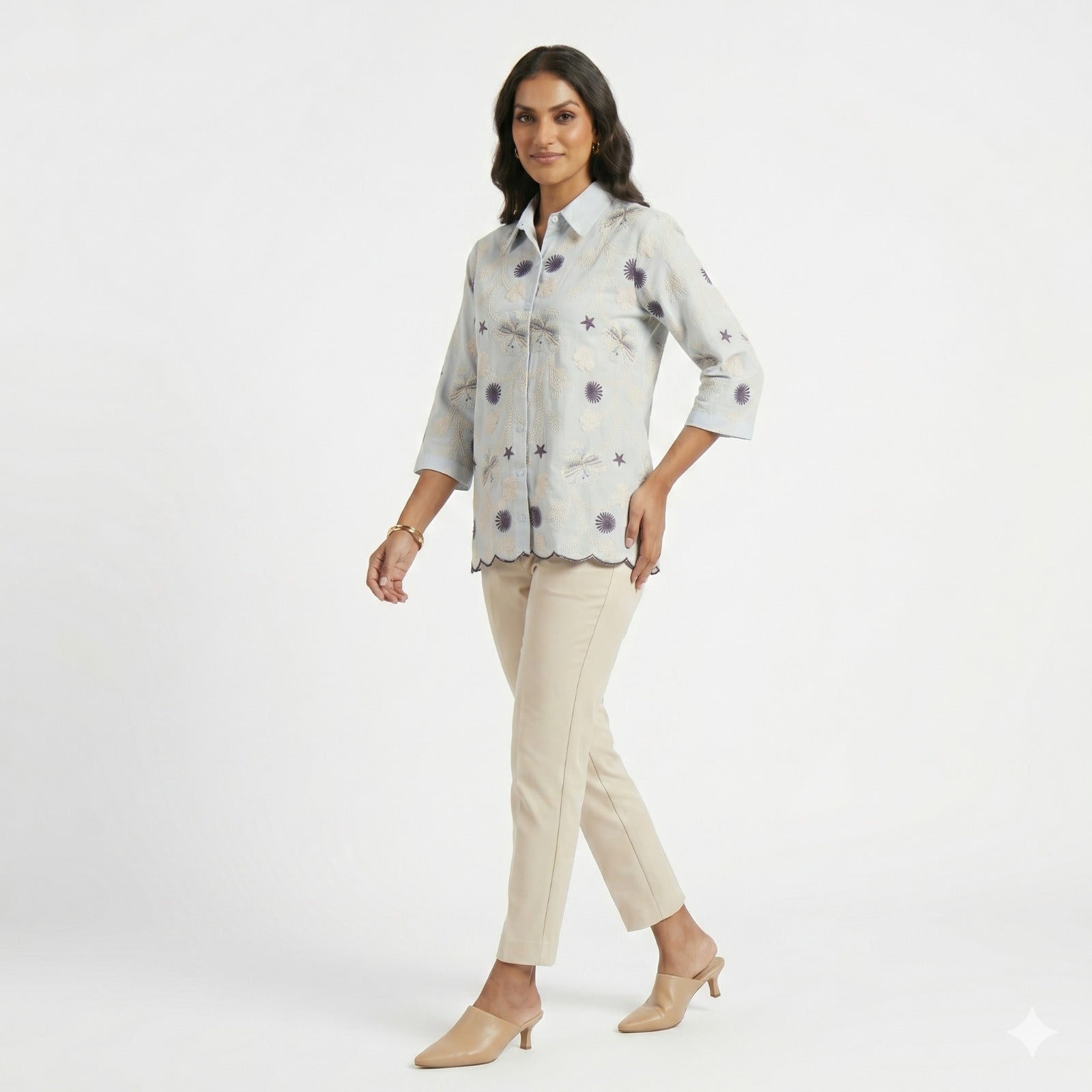 Sky Blossom Embroidered Cotton Shirt Top