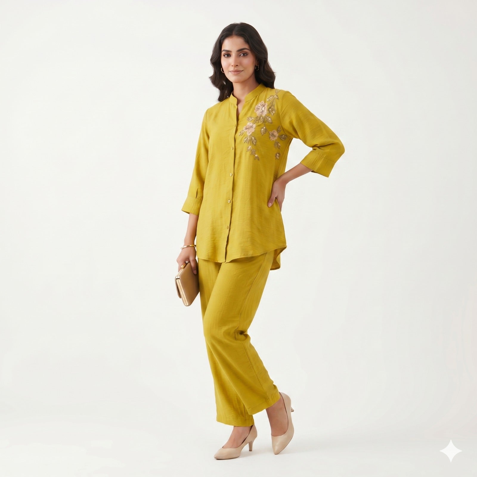 Mustard Bloom Embroidered Cord-set