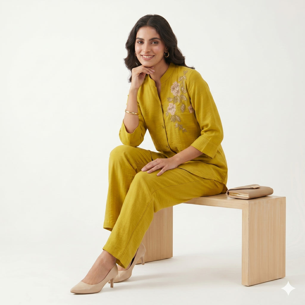 Mustard Bloom Embroidered Cord-set