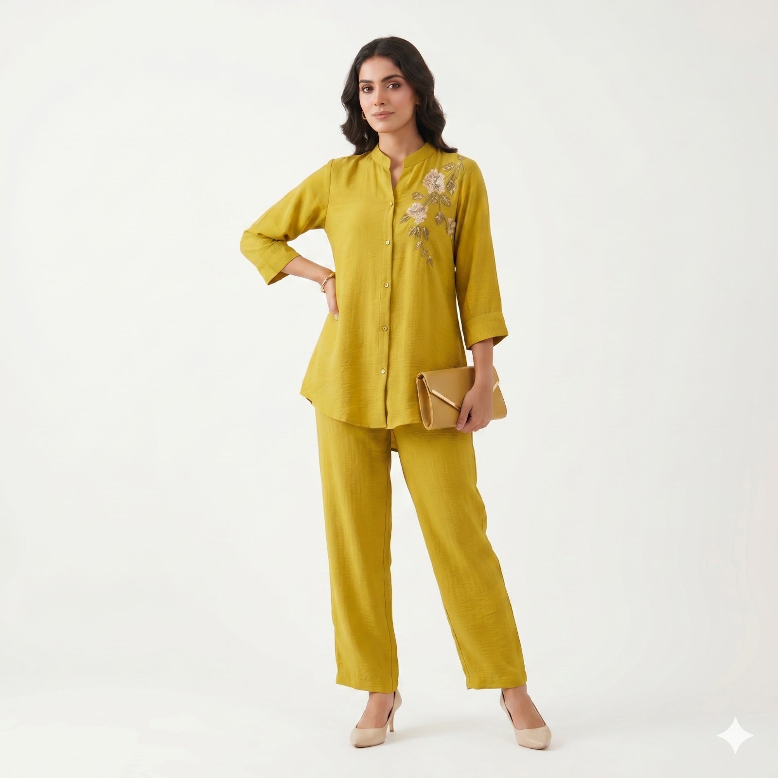 Mustard Bloom Embroidered Cord-set