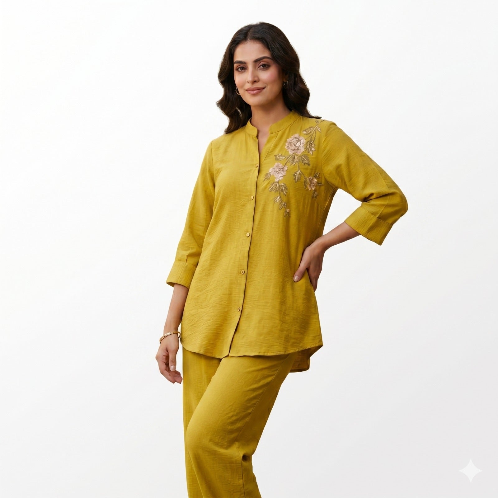 Mustard Bloom Embroidered Cord-set