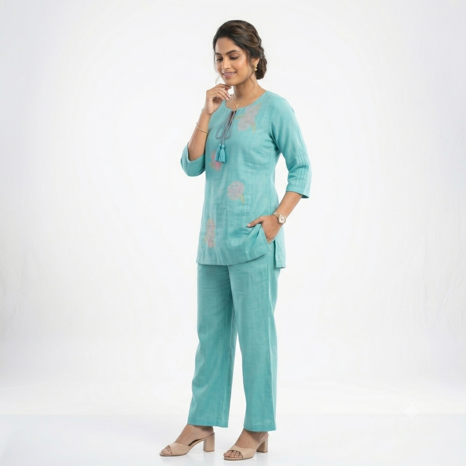 Sea Green Floral Muslin Cord-set