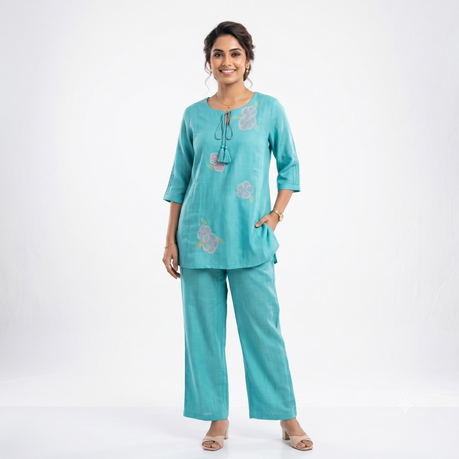 Sea Green Floral Muslin Cord-set