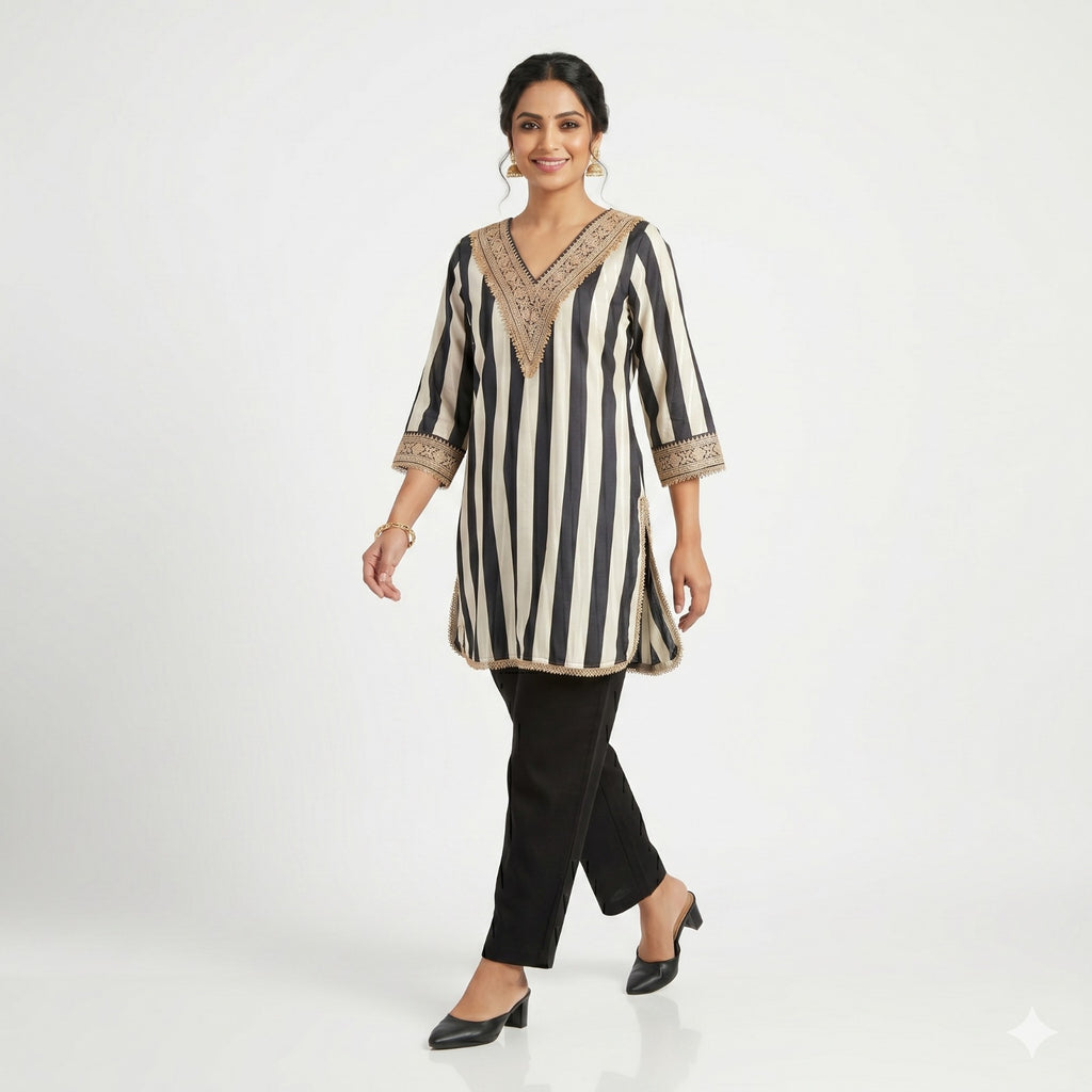 Noir Stripe Embellished Crepe Cord-set