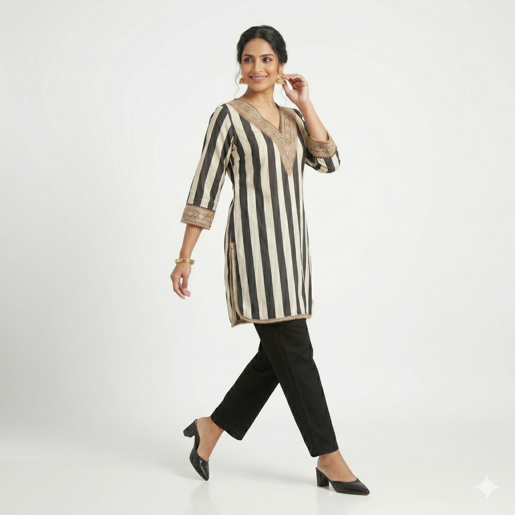 Noir Stripe Embellished Crepe Cord-set