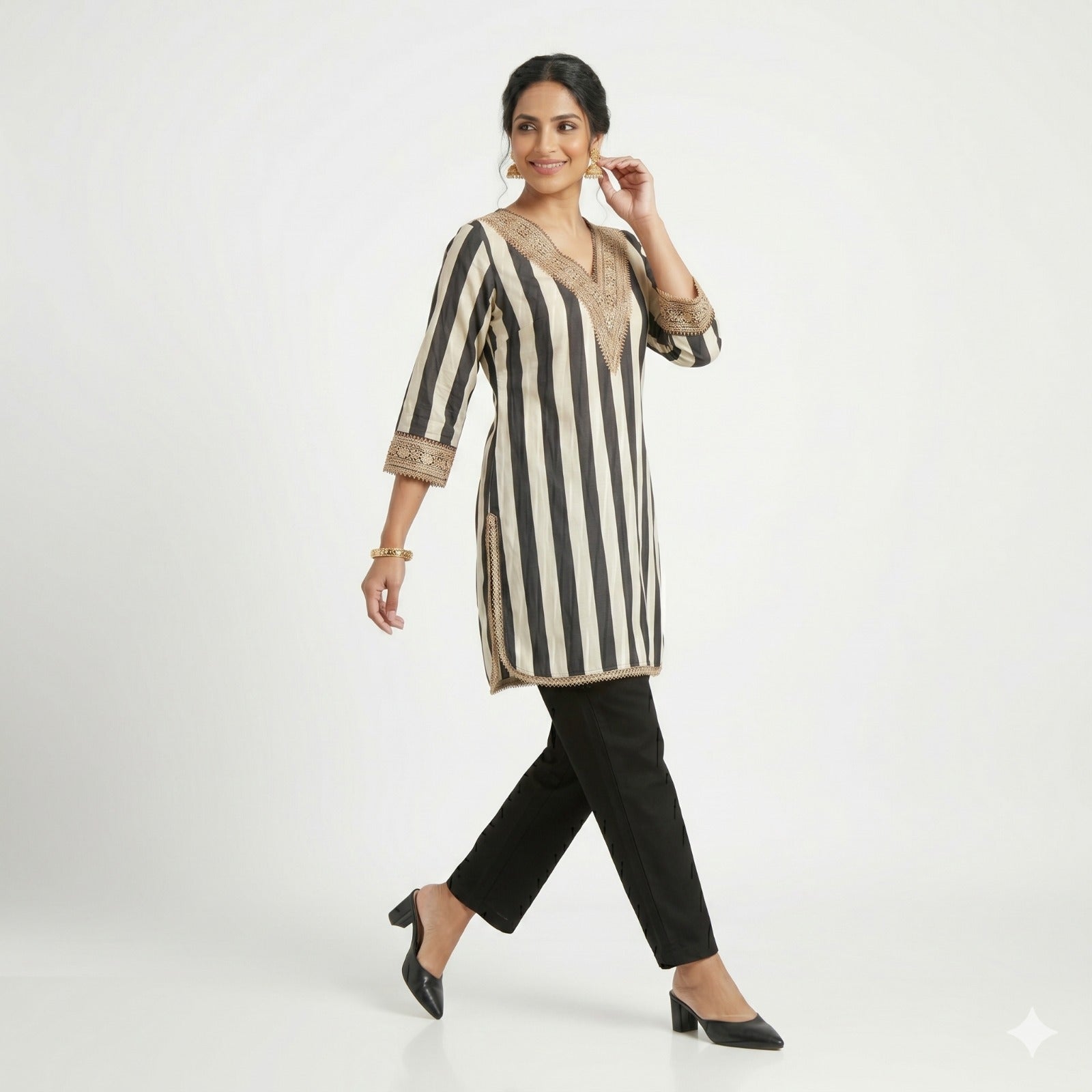 Noir Stripe Embellished Crepe Cord-set