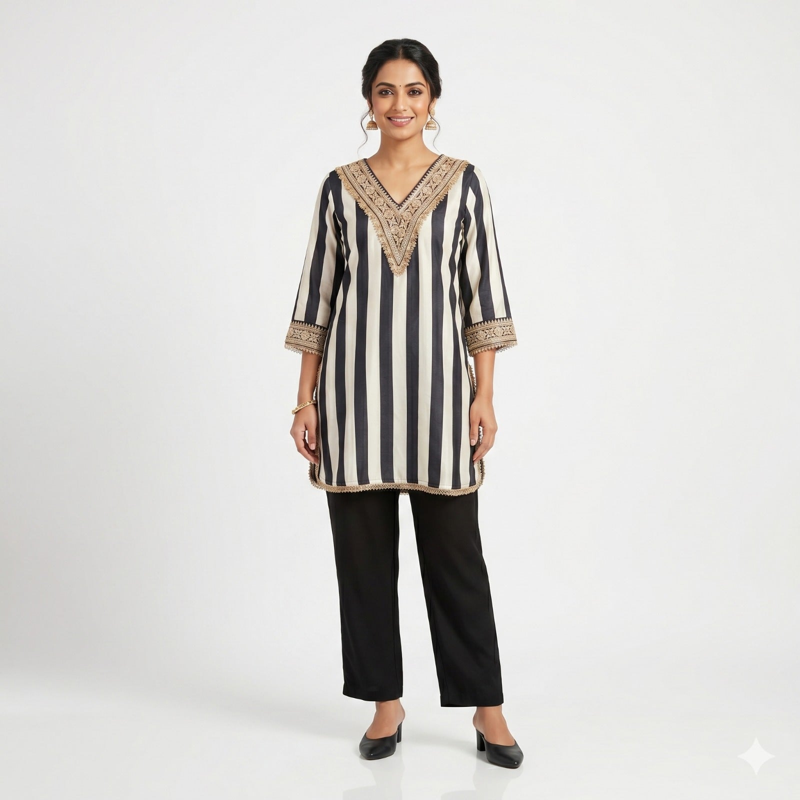 Noir Stripe Embellished Crepe Cord-set