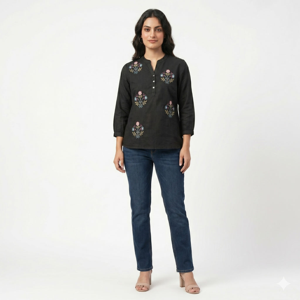 Midnight Bloom Embroidered Cotton Top