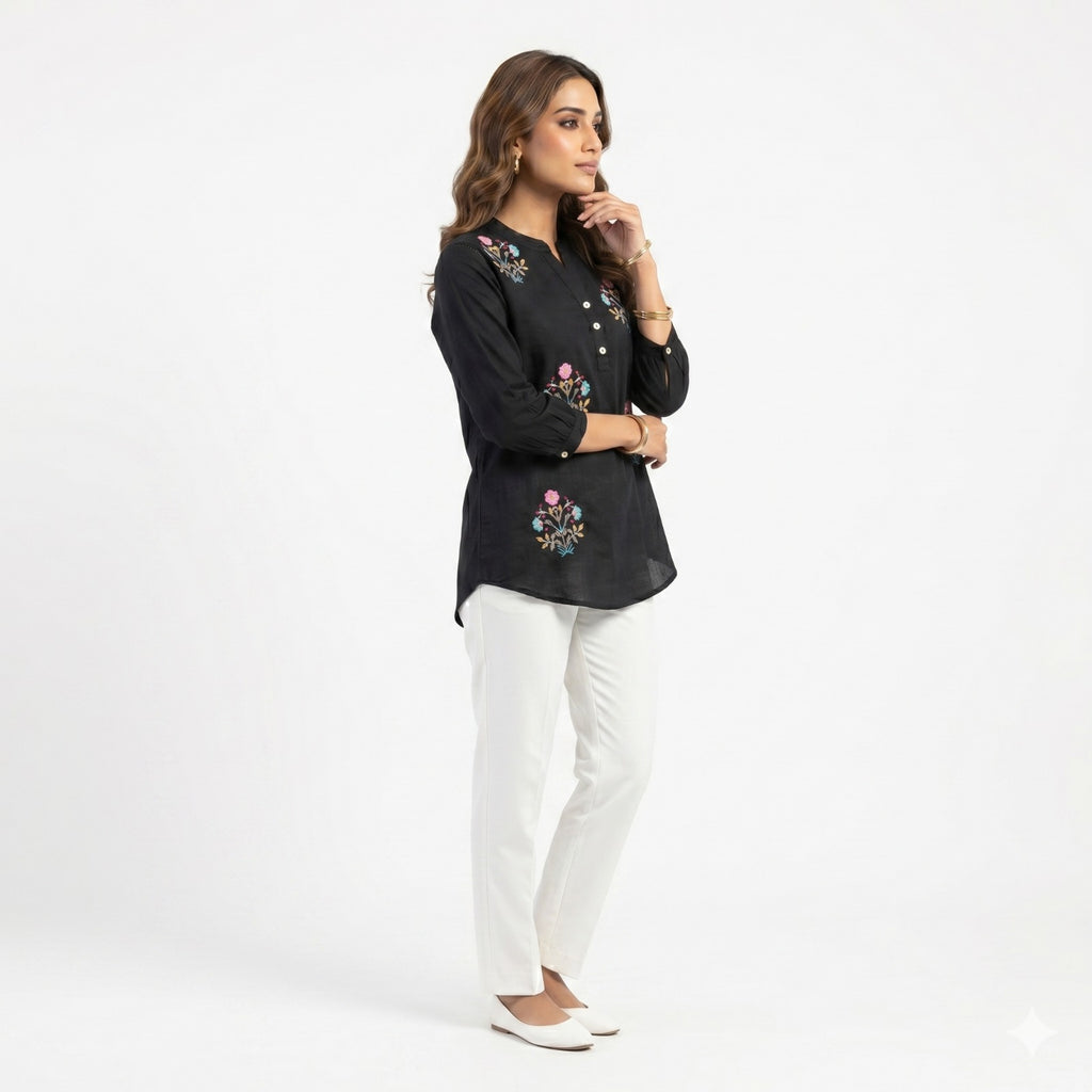 Midnight Bloom Embroidered Cotton Top