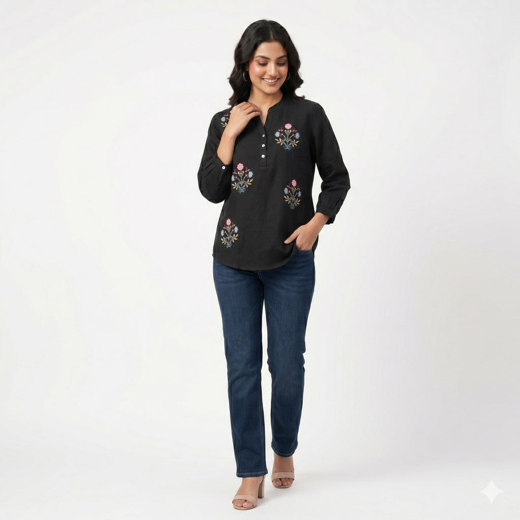 Midnight Bloom Embroidered Cotton Top