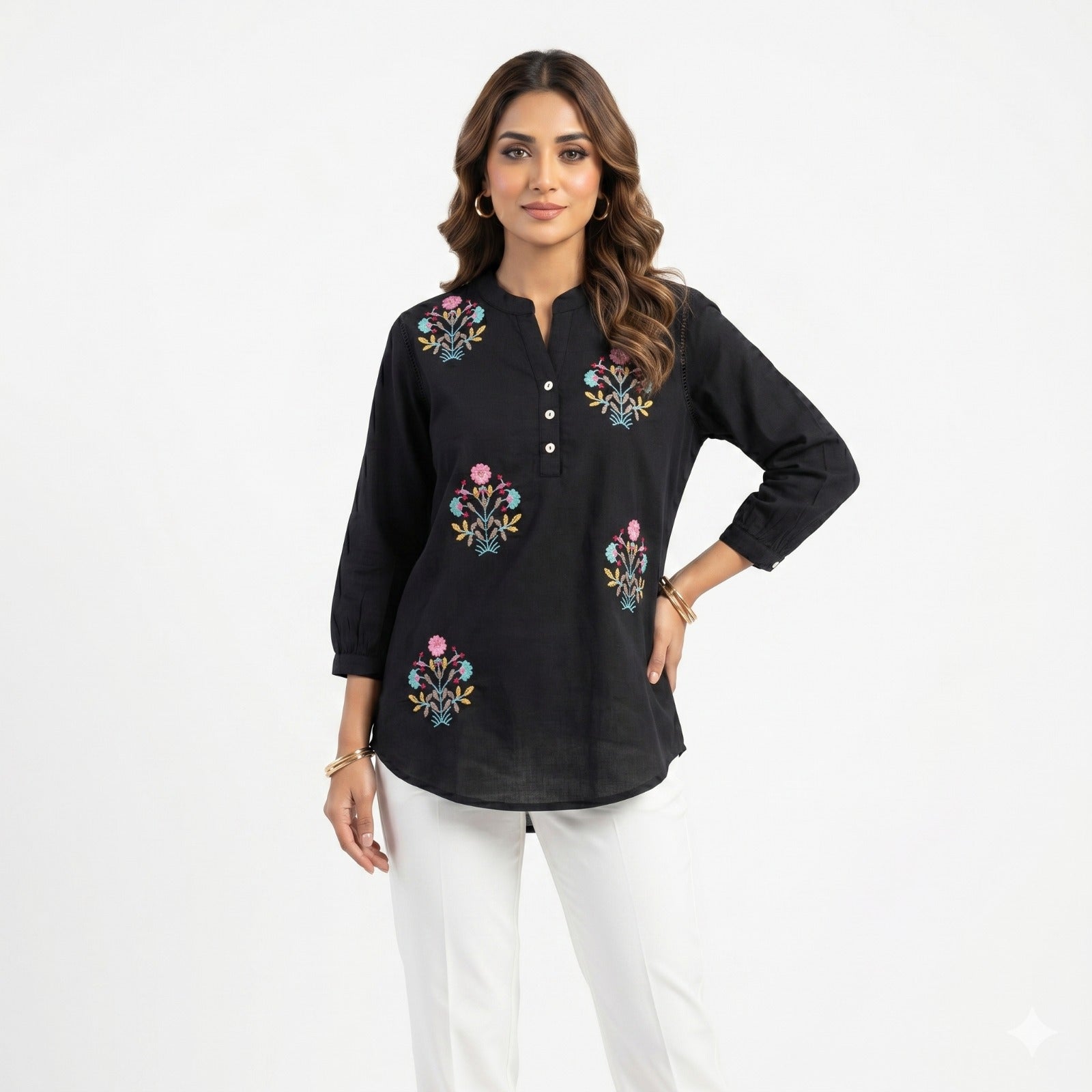 Midnight Bloom Embroidered Cotton Top