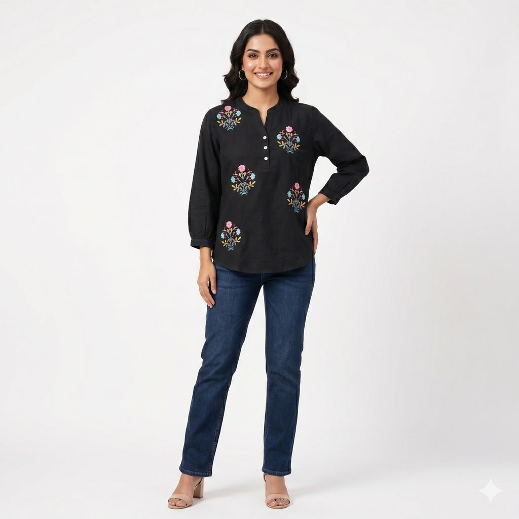 Midnight Bloom Embroidered Cotton Top