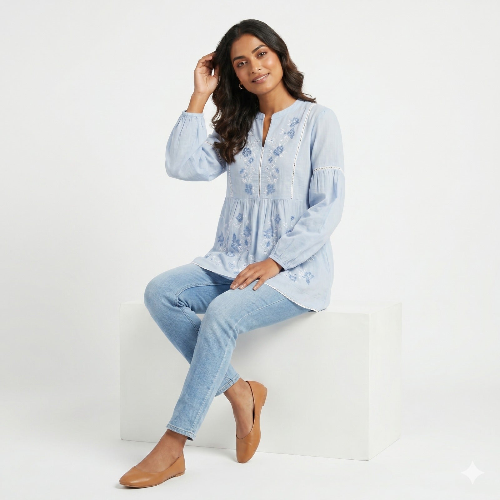 Sky Bloom Embroidered Cotton Top