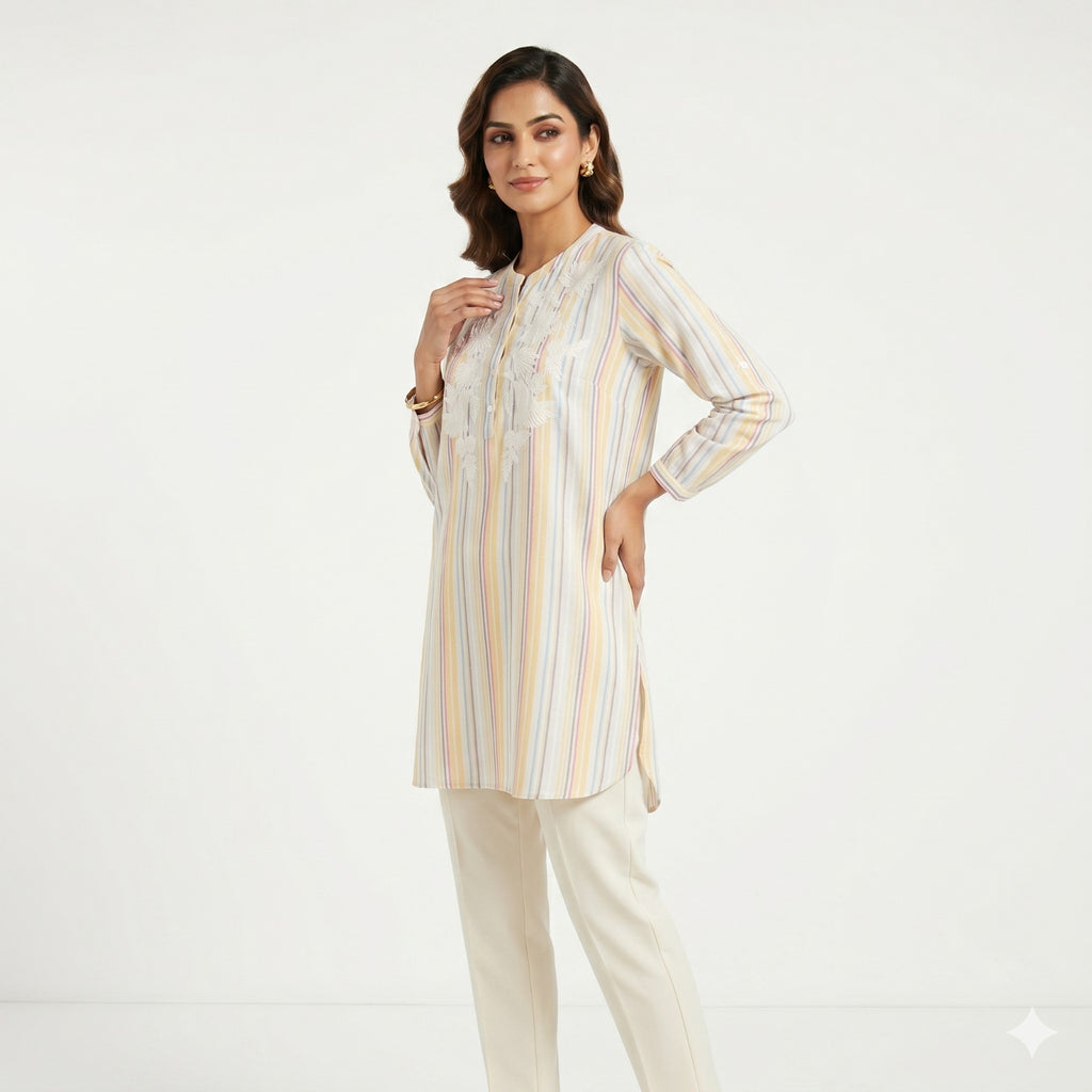Pastel Stripe Embroidered Cotton Top