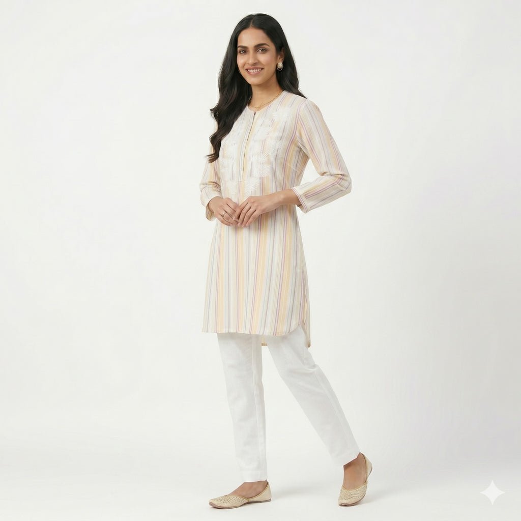 Pastel Stripe Embroidered Cotton Top
