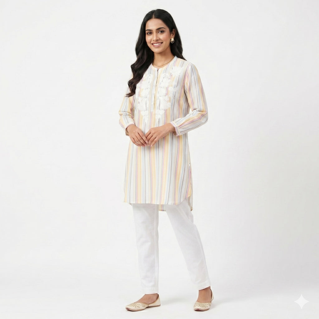 Pastel Stripe Embroidered Cotton Top