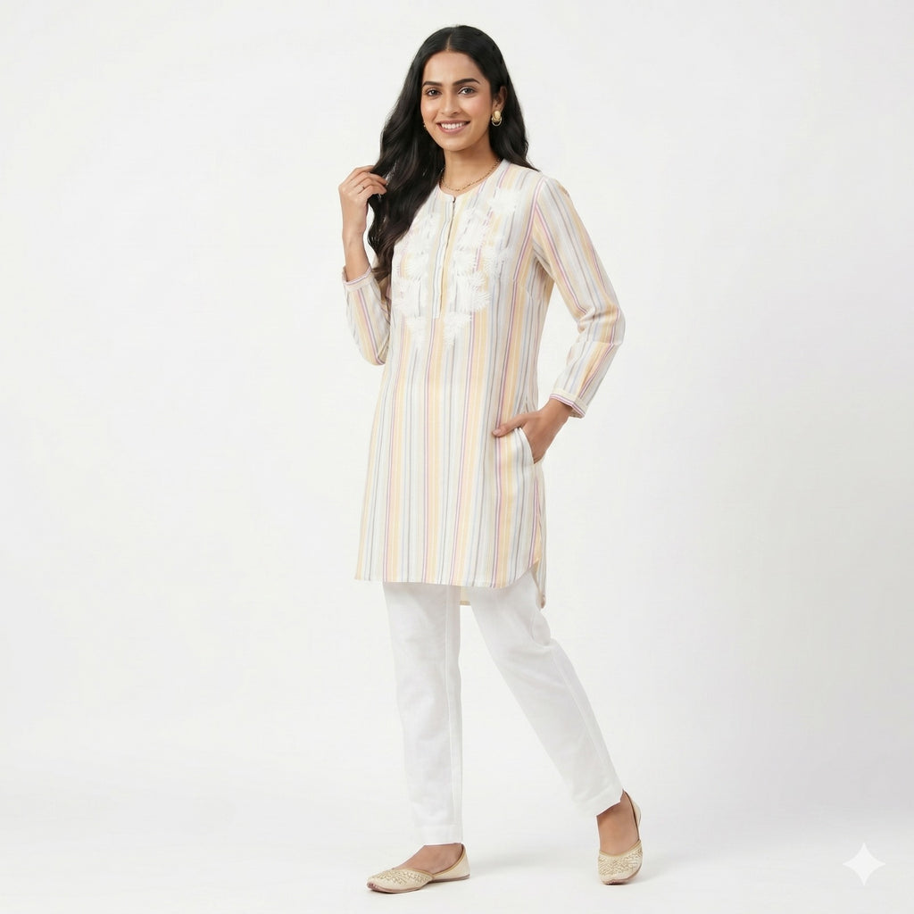 Pastel Stripe Embroidered Cotton Top