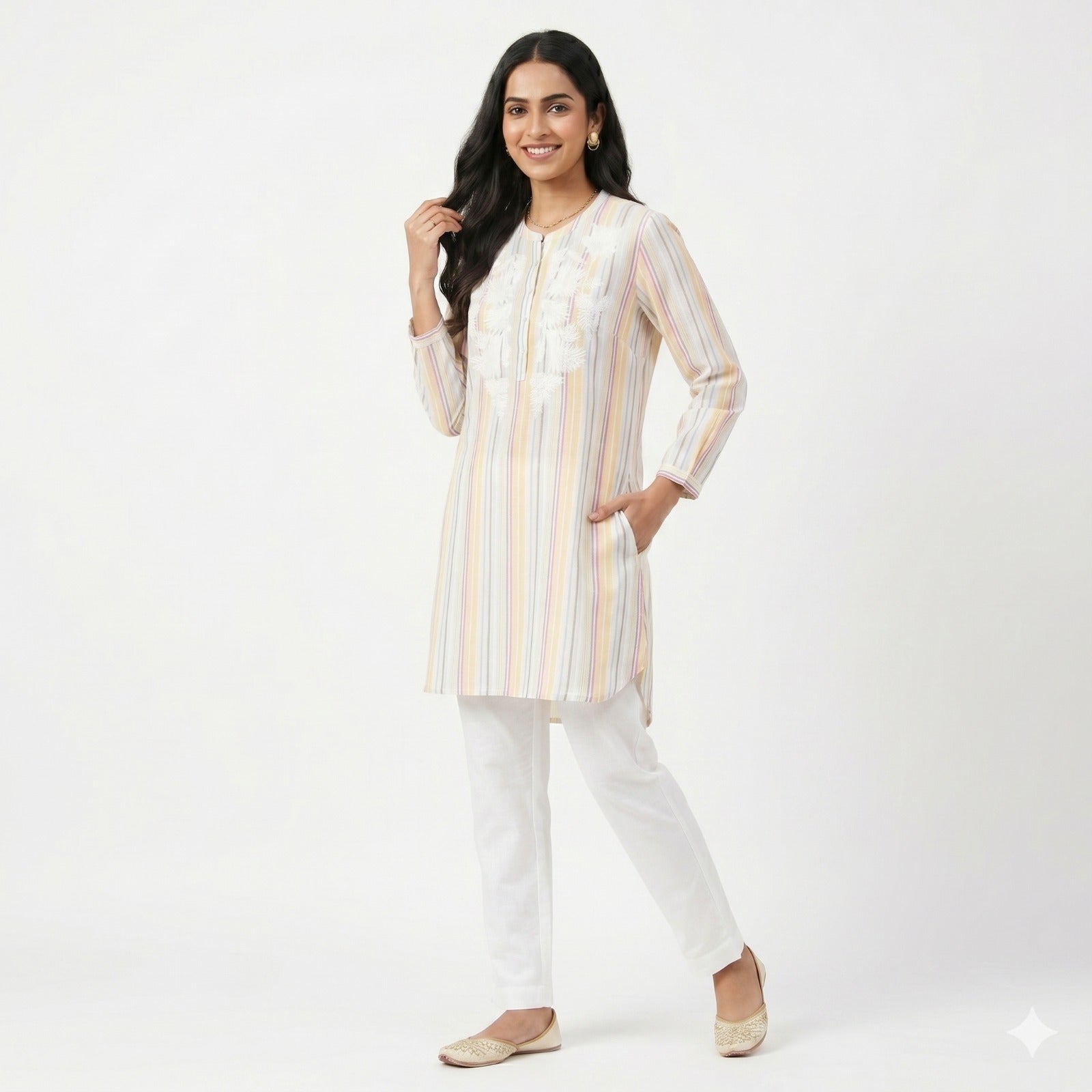 Pastel Stripe Embroidered Cotton Top
