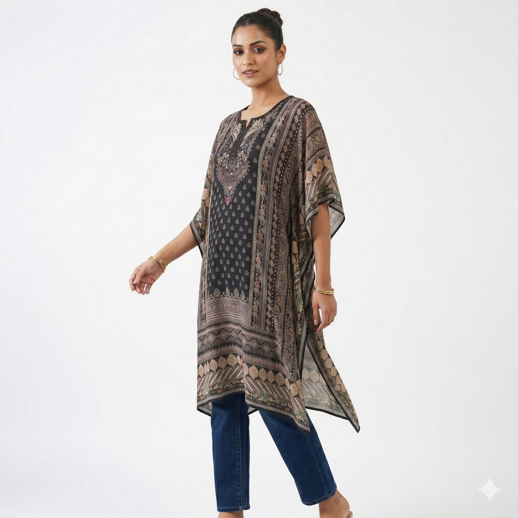 Midnight Elegance Printed Chiffon Kaftan Top
