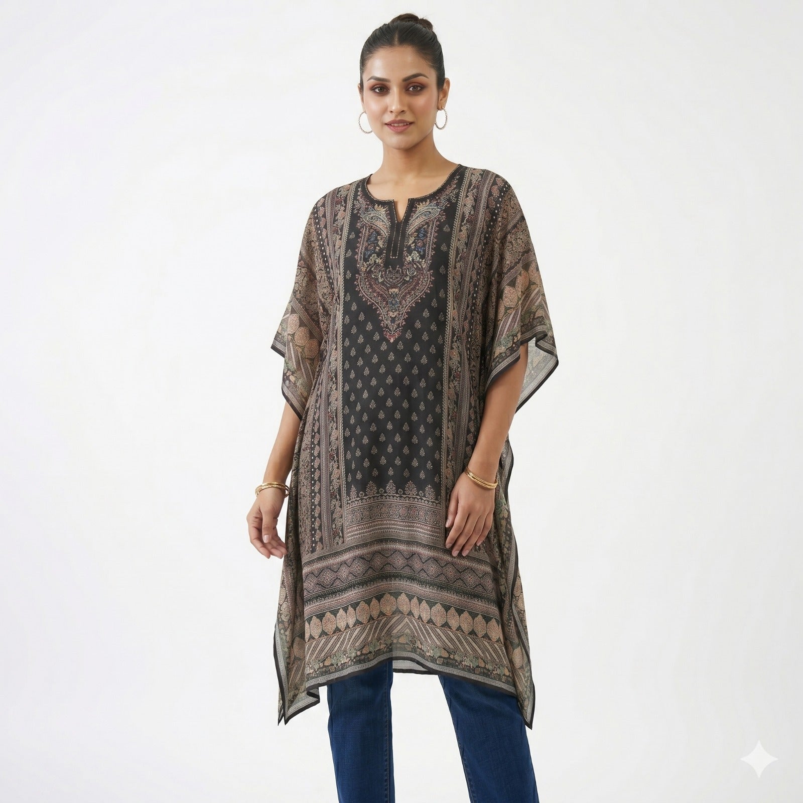 Midnight Elegance Printed Chiffon Kaftan Top