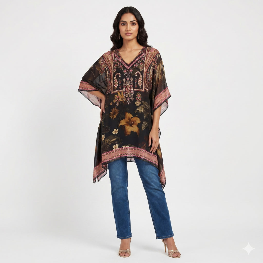 Midnight Blossom Chiffon Kaftan Top