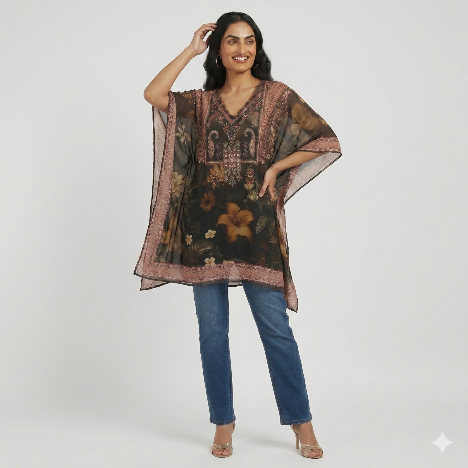 Midnight Blossom Chiffon Kaftan Top