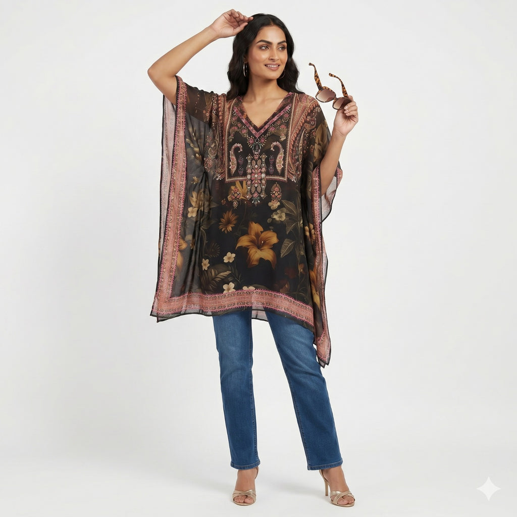 Midnight Blossom Chiffon Kaftan Top