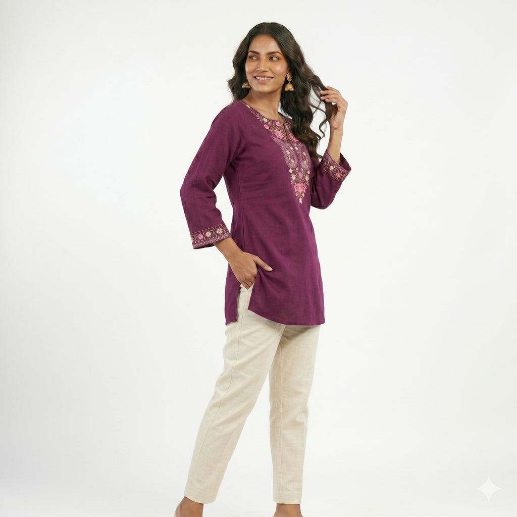 Royal Plum Embroidered Cotton Top