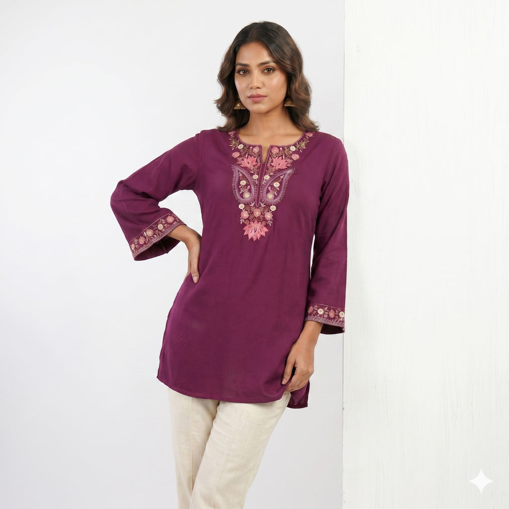 Royal Plum Embroidered Cotton Top