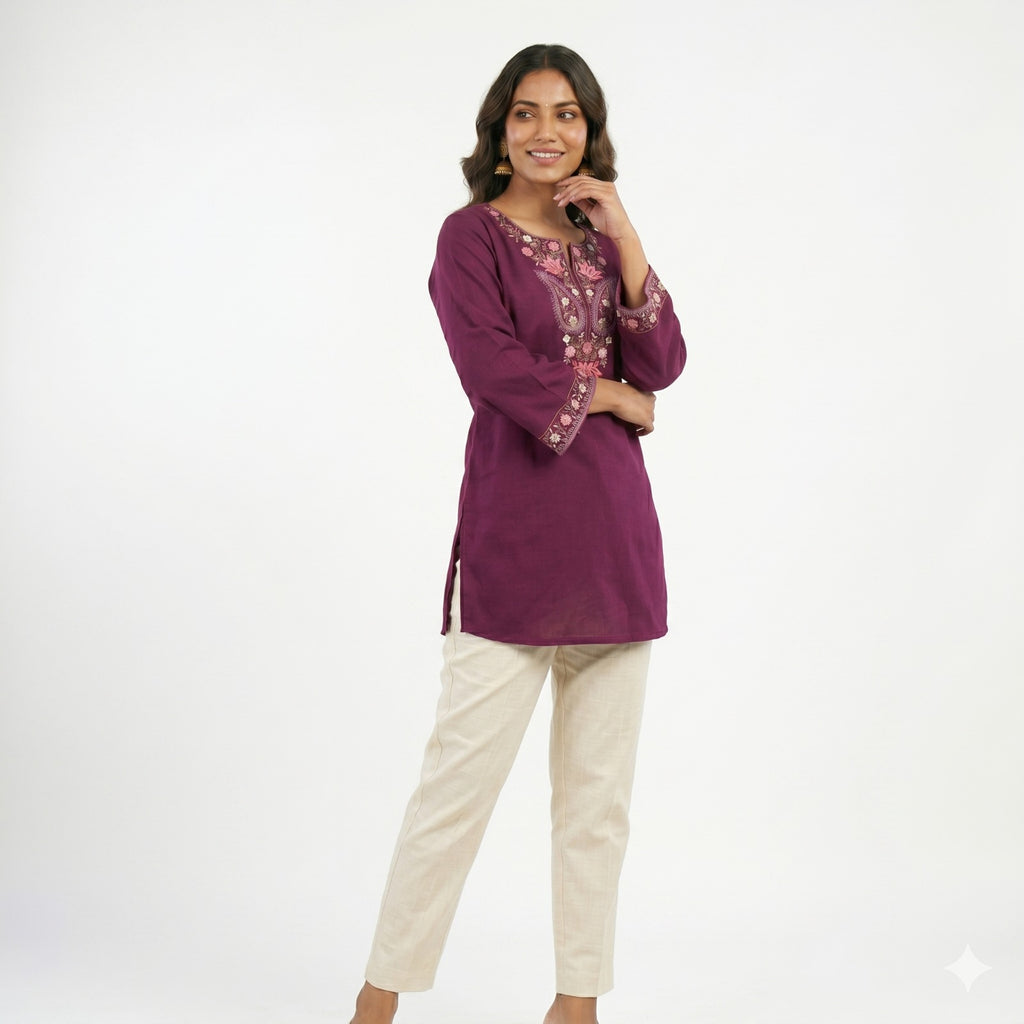 Royal Plum Embroidered Cotton Top