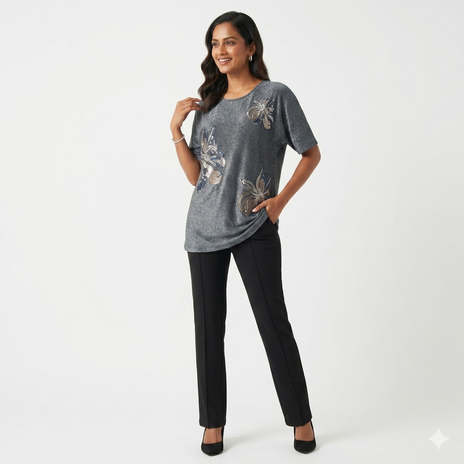 Midnight Shimmer Floral Formal Top