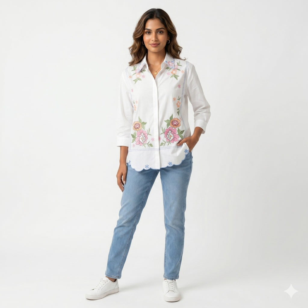 Ivory Blossom Embroidered Cotton Top