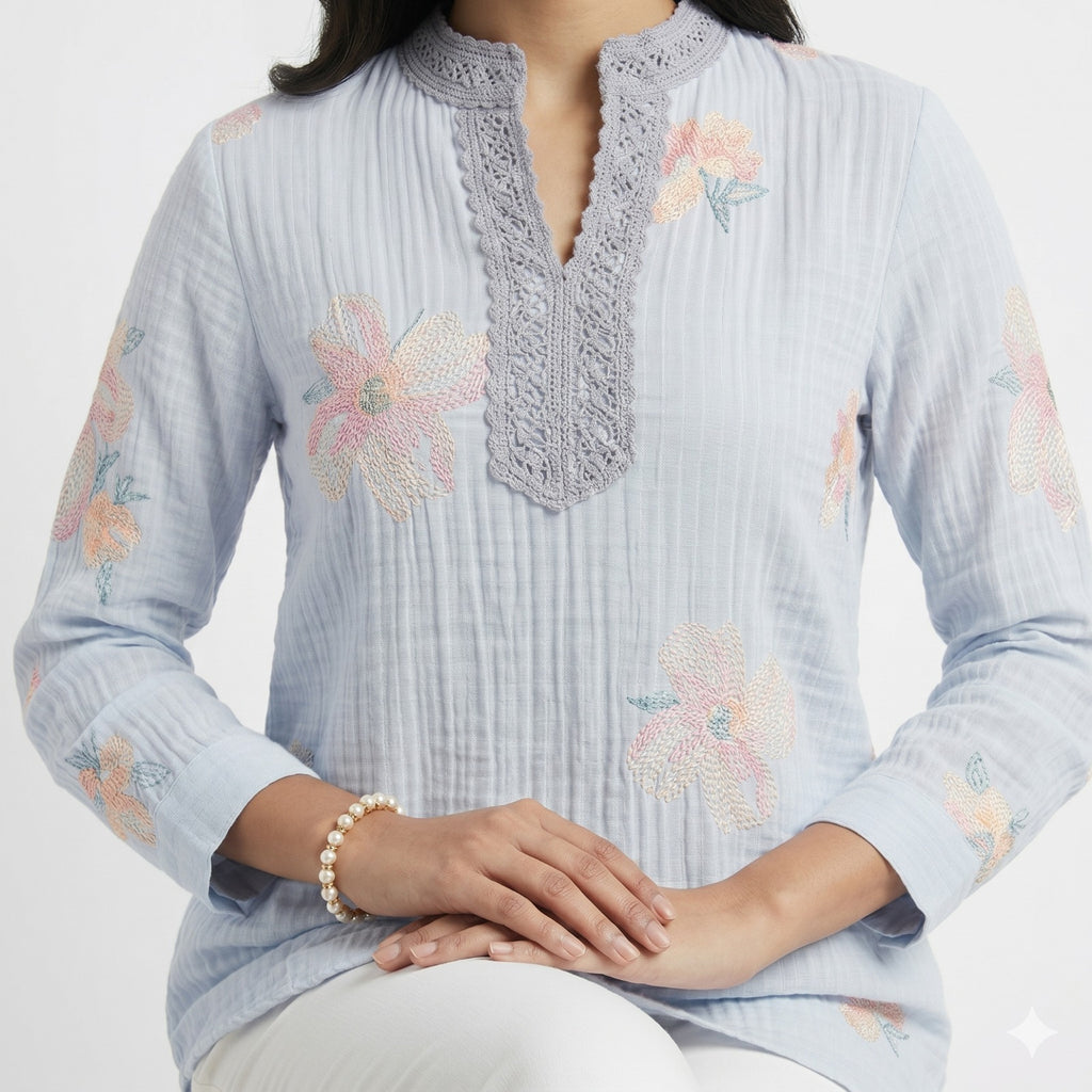 Powder Blue Blossom Threadwork Top