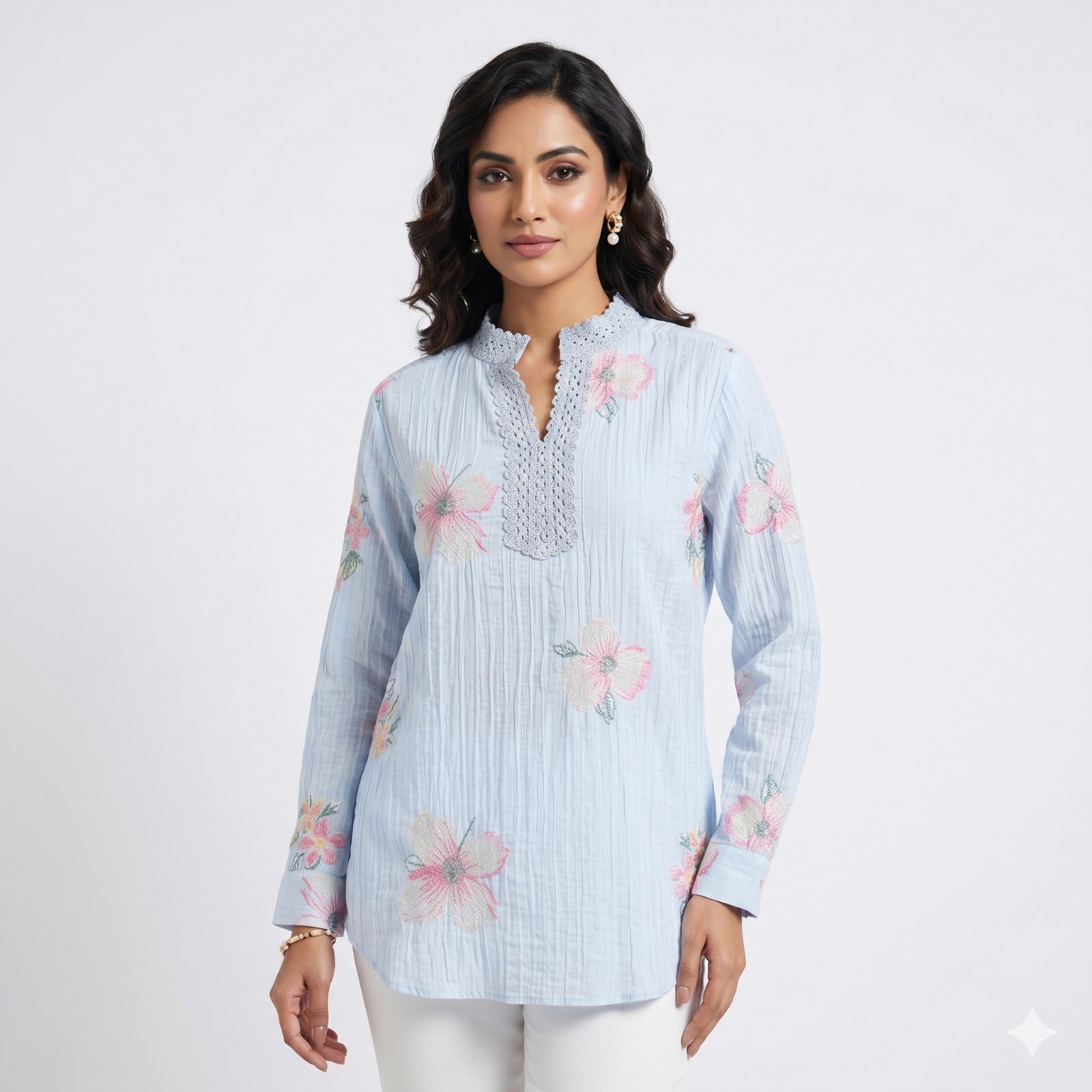 Powder Blue Blossom Threadwork Top