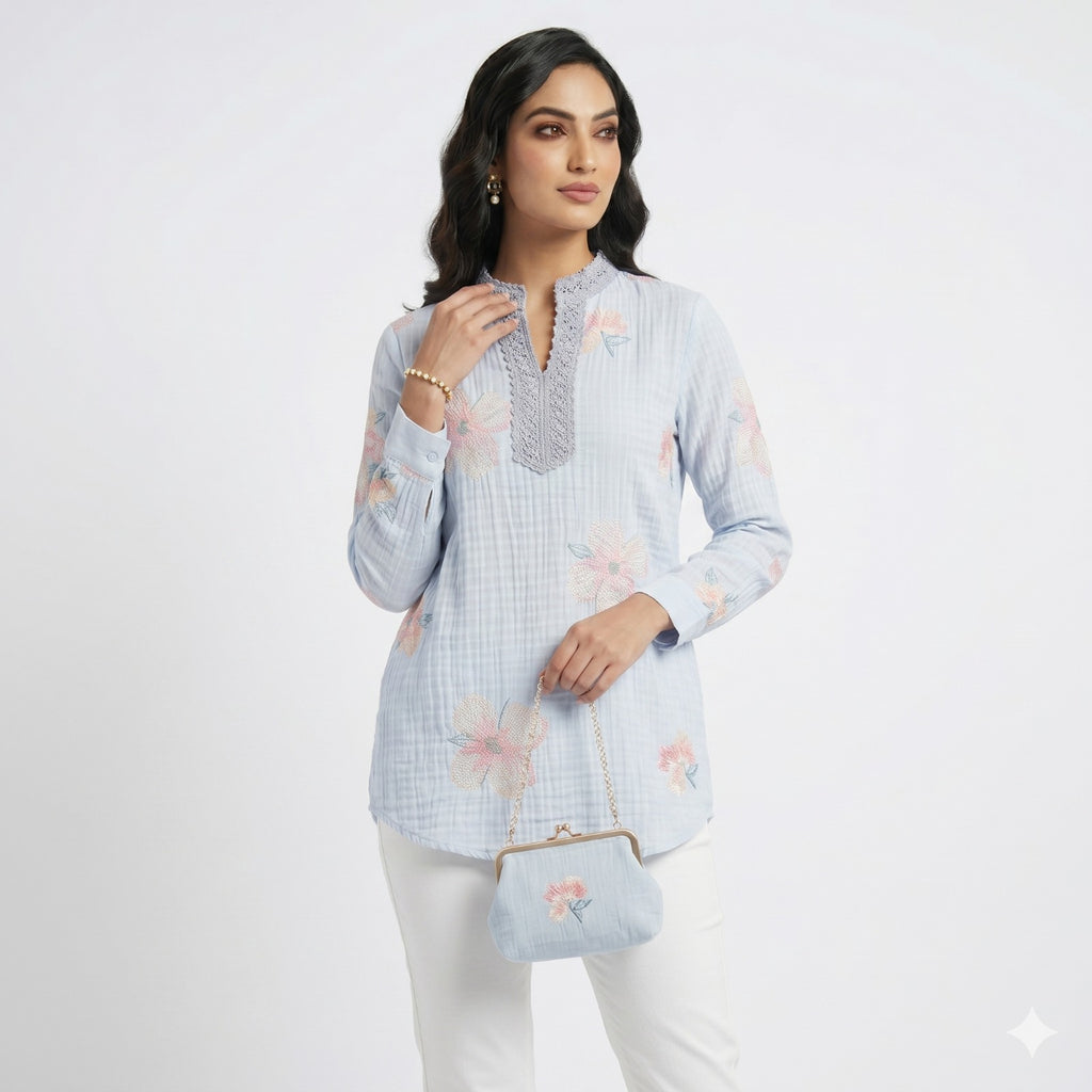 Powder Blue Blossom Threadwork Top