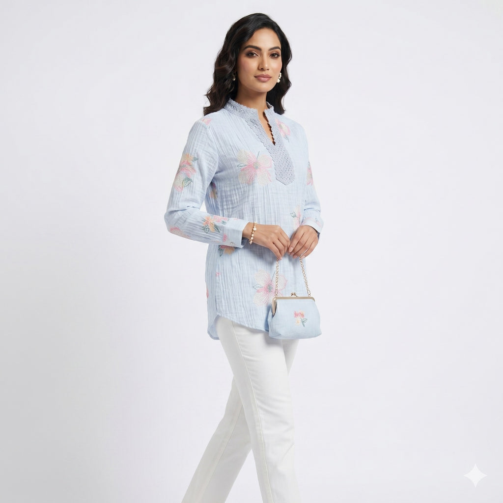 Powder Blue Blossom Threadwork Top