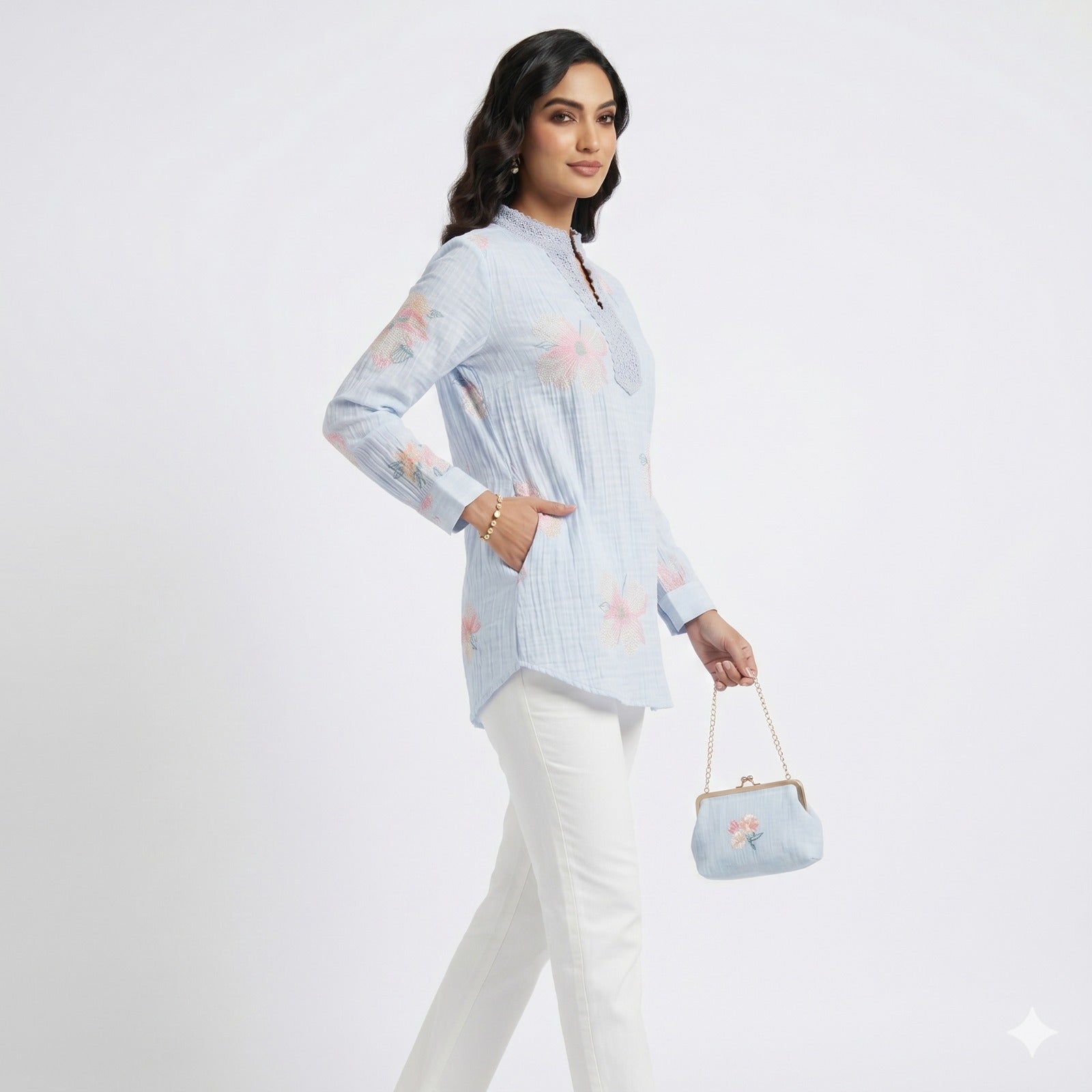 Powder Blue Blossom Threadwork Top
