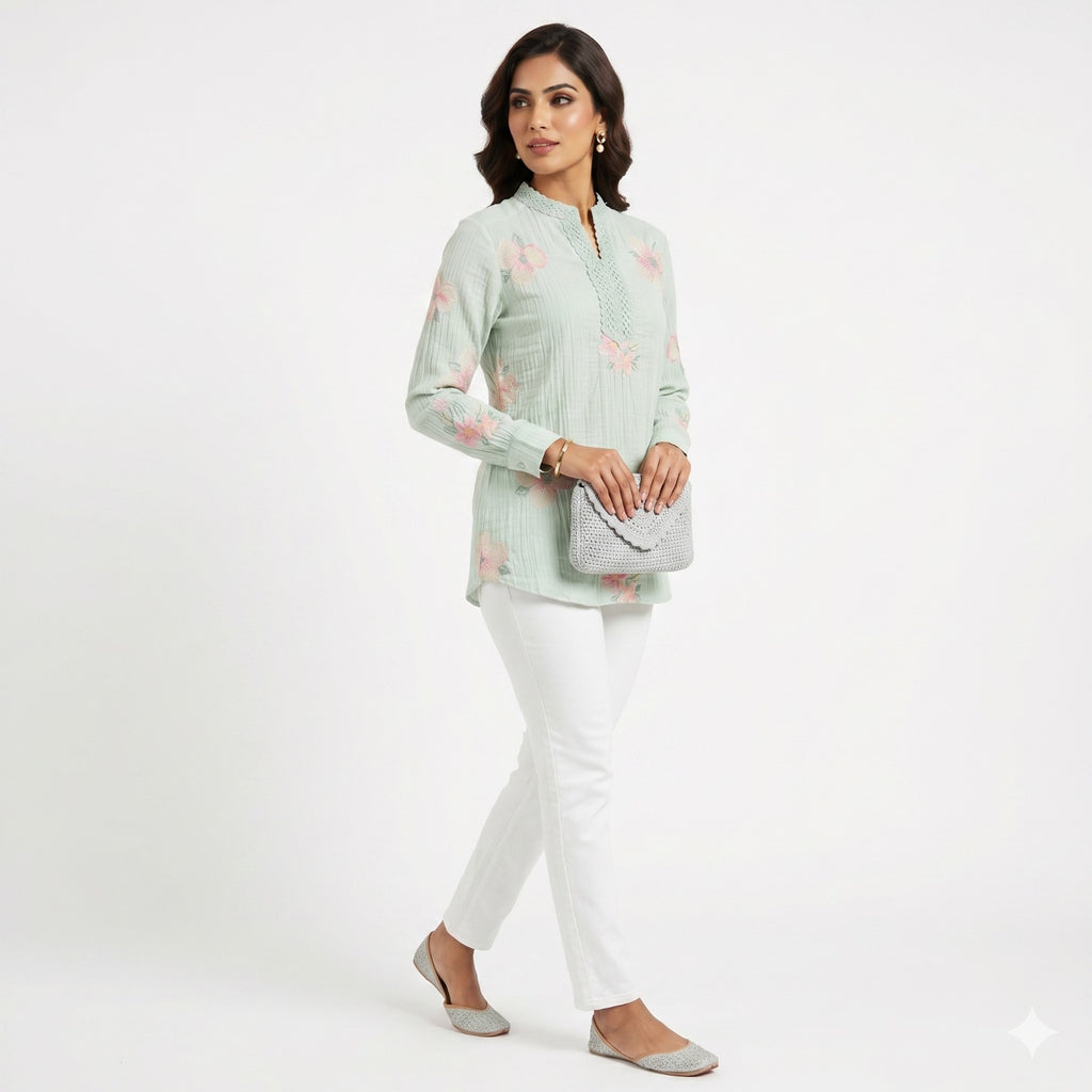 Mint Blossom Threadwork Top