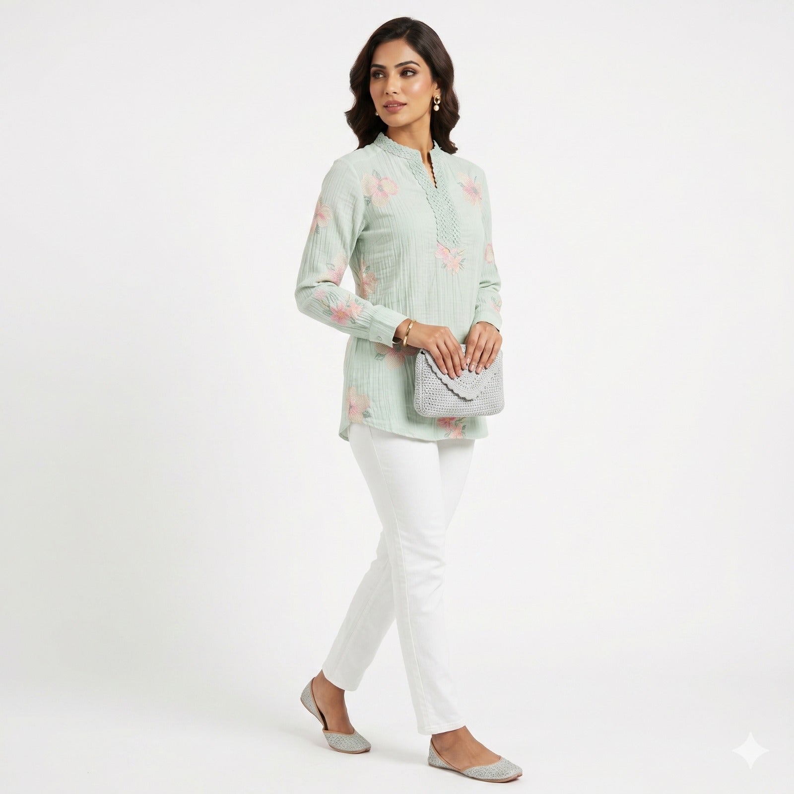 Mint Blossom Threadwork Top