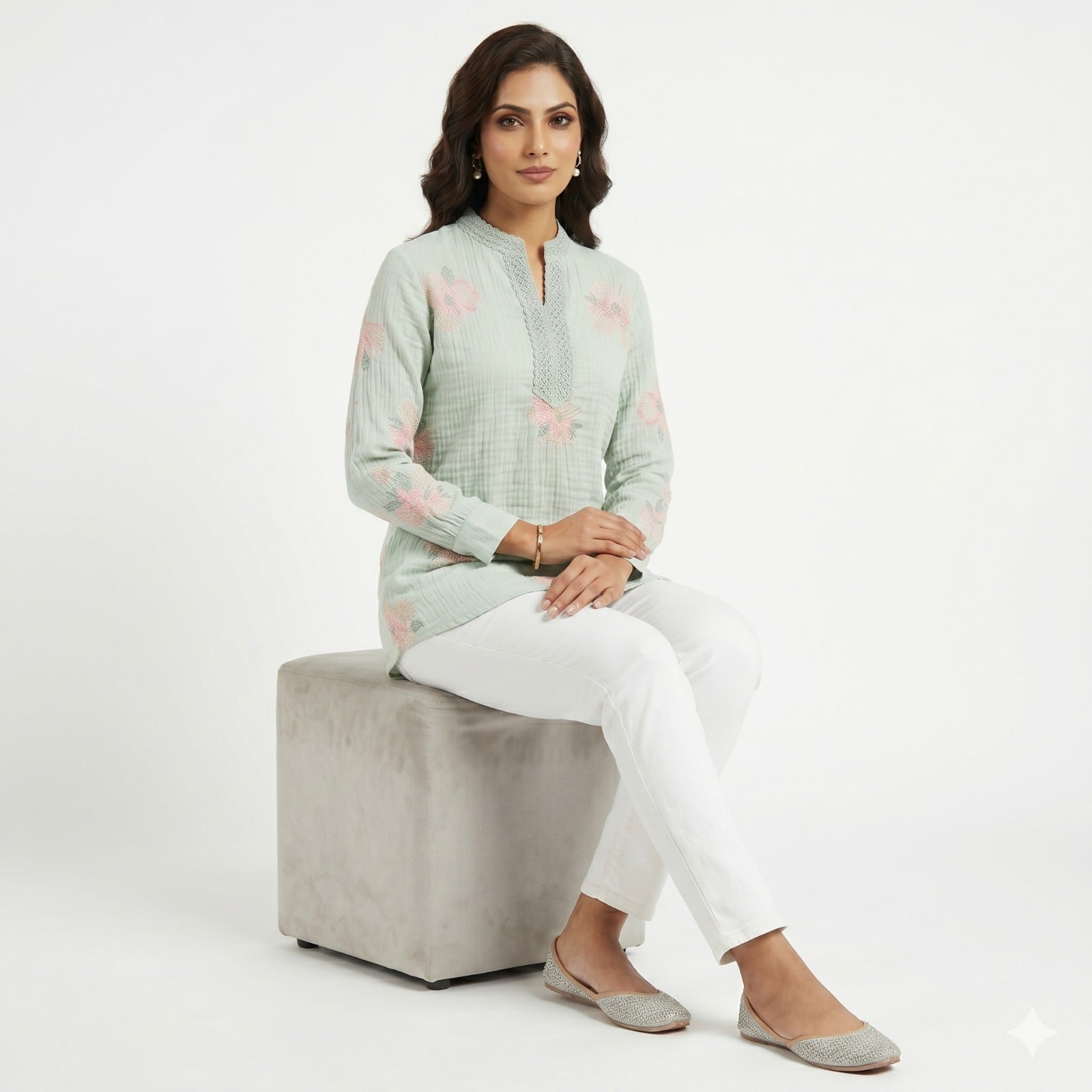 Mint Blossom Threadwork Top