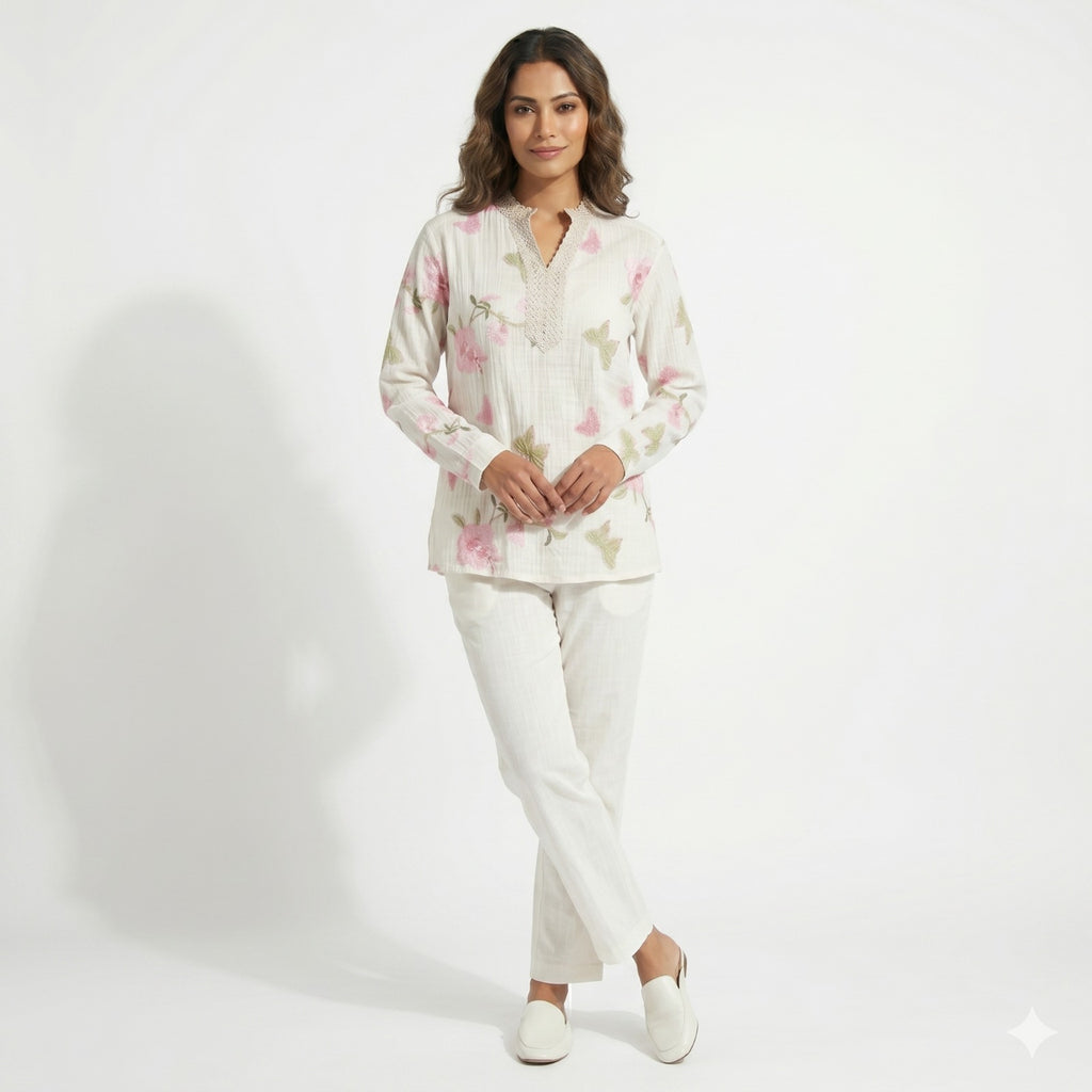 Blush Garden Embroidered Tunic Top