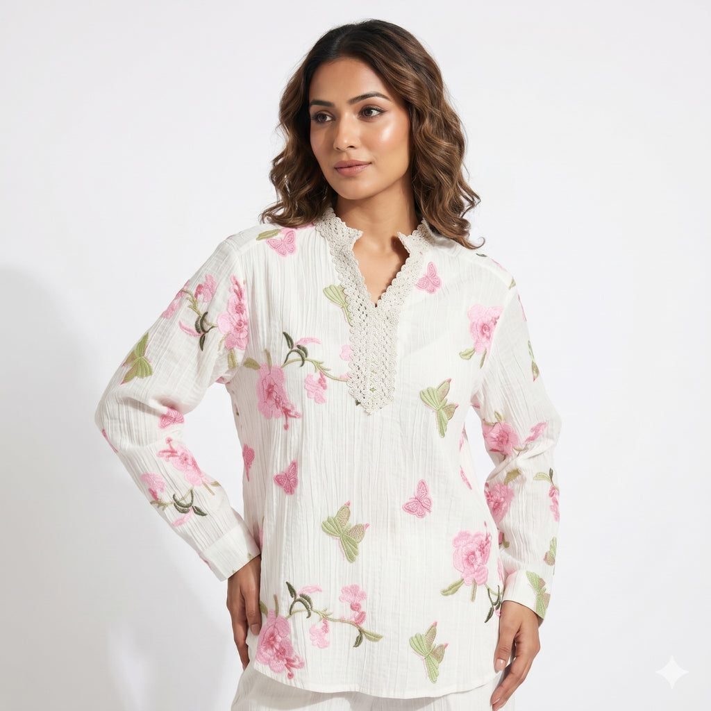 Blush Garden Embroidered Tunic Top