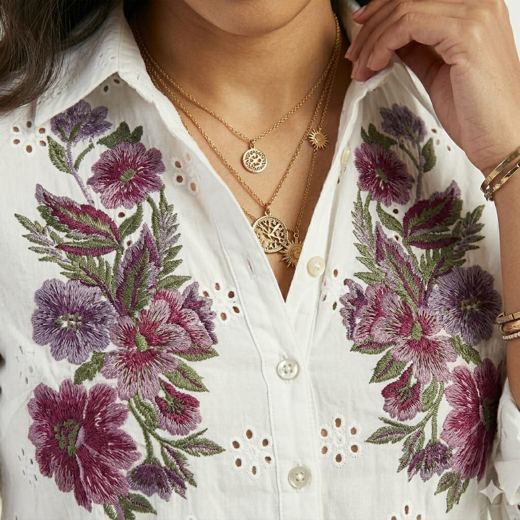 Blossom Grace Embroidered Cotton Shirt Top
