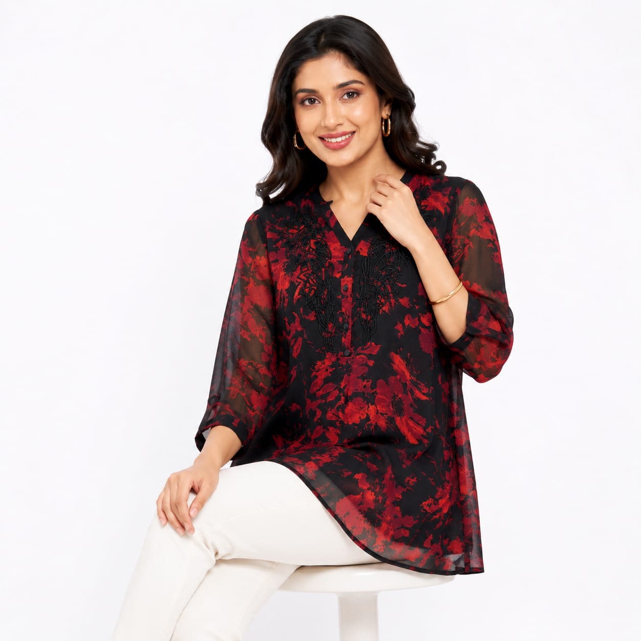 Crimson Noir Cutwork Georgette Top