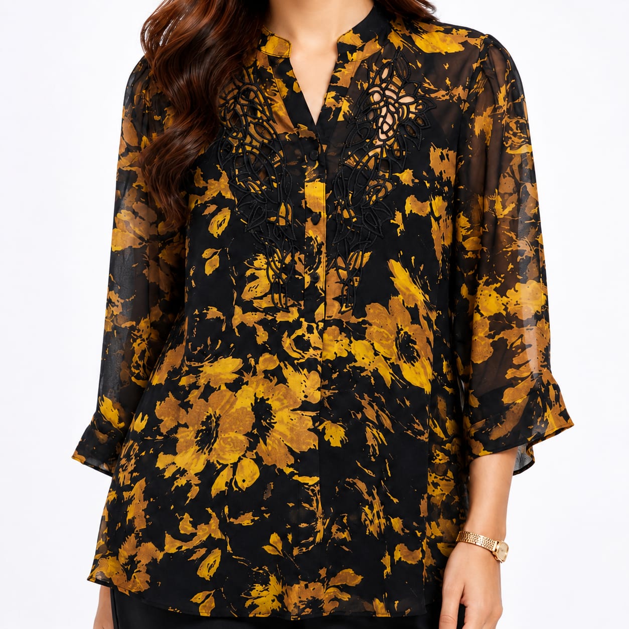 Golden Ember Cutwork Georgette Tunic Top