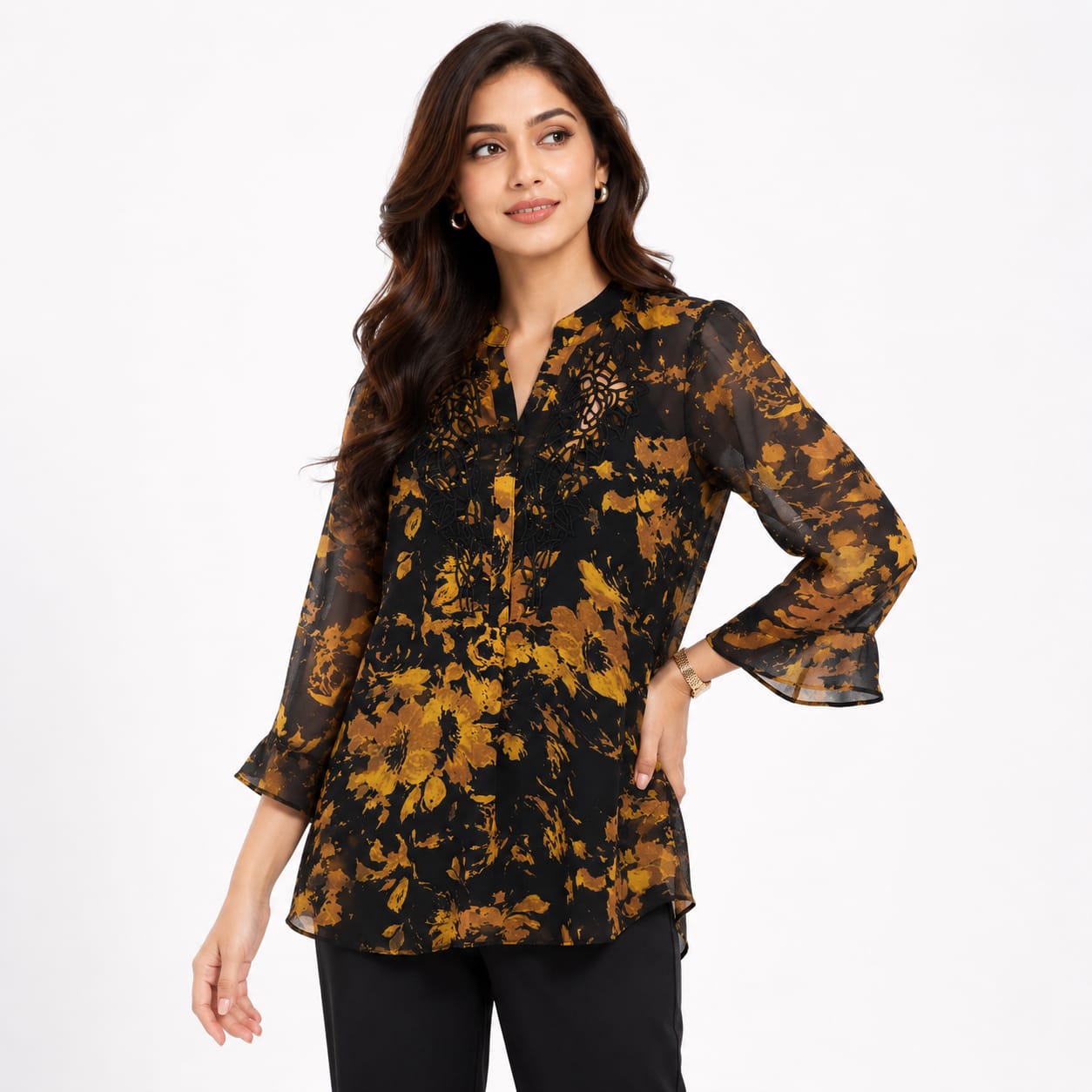 Golden Ember Cutwork Georgette Tunic Top