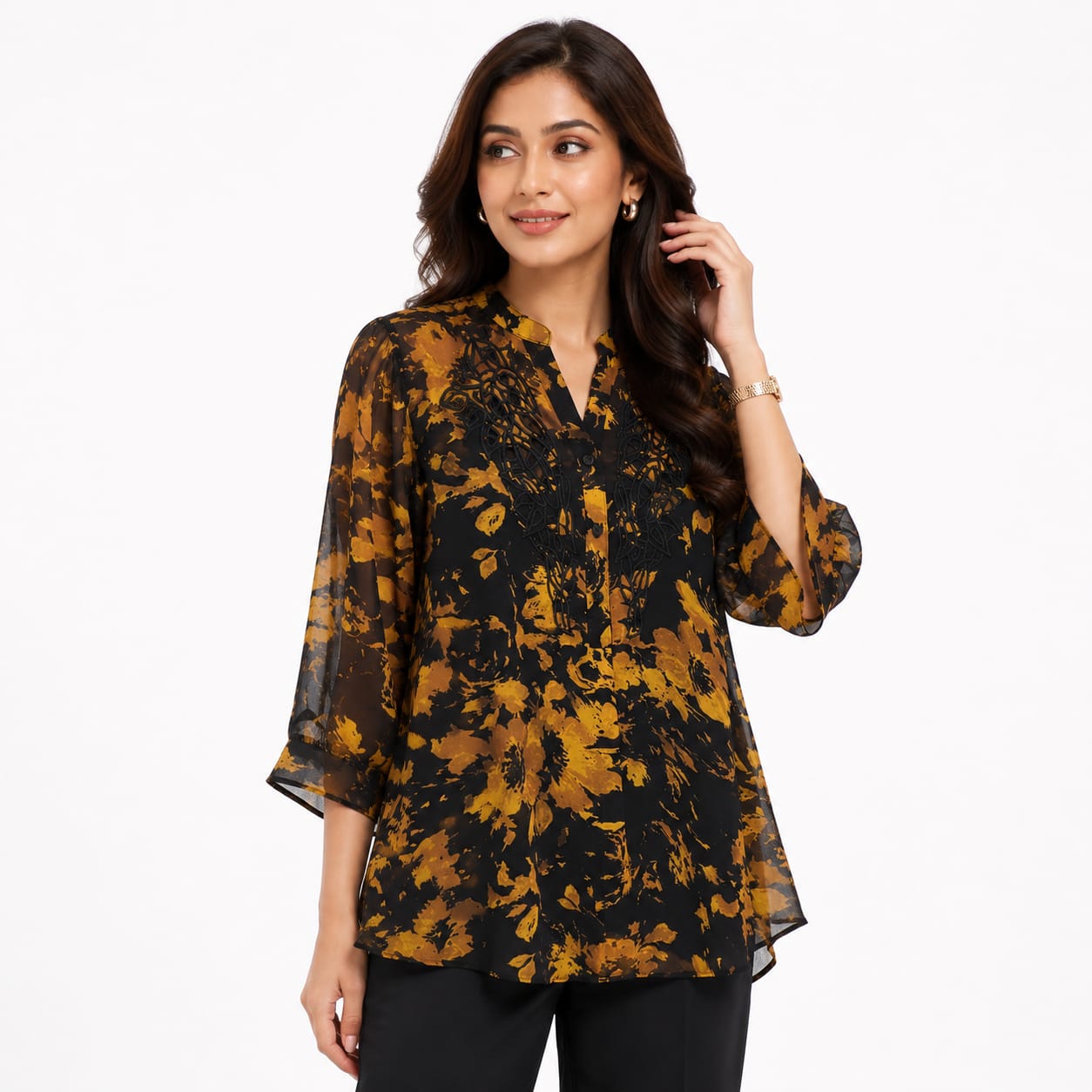 Golden Ember Cutwork Georgette Tunic Top