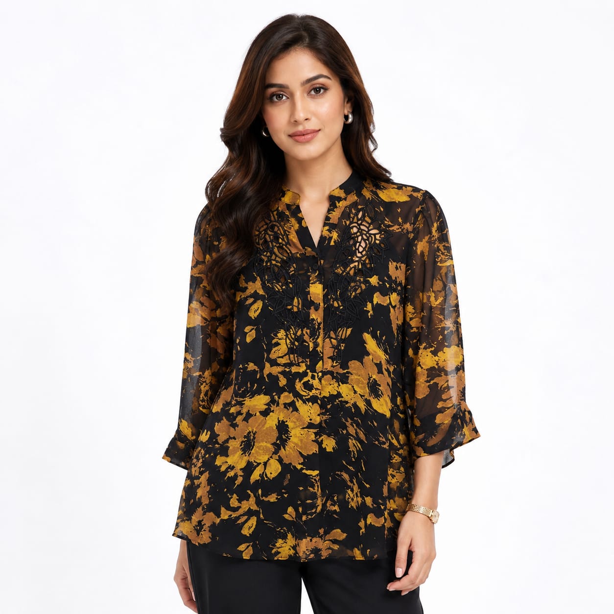 Golden Ember Cutwork Georgette Tunic Top