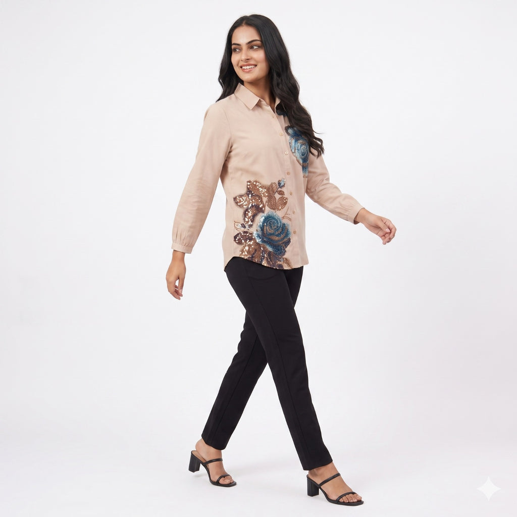Azure Bloom Swarovski Printed Shirt Top